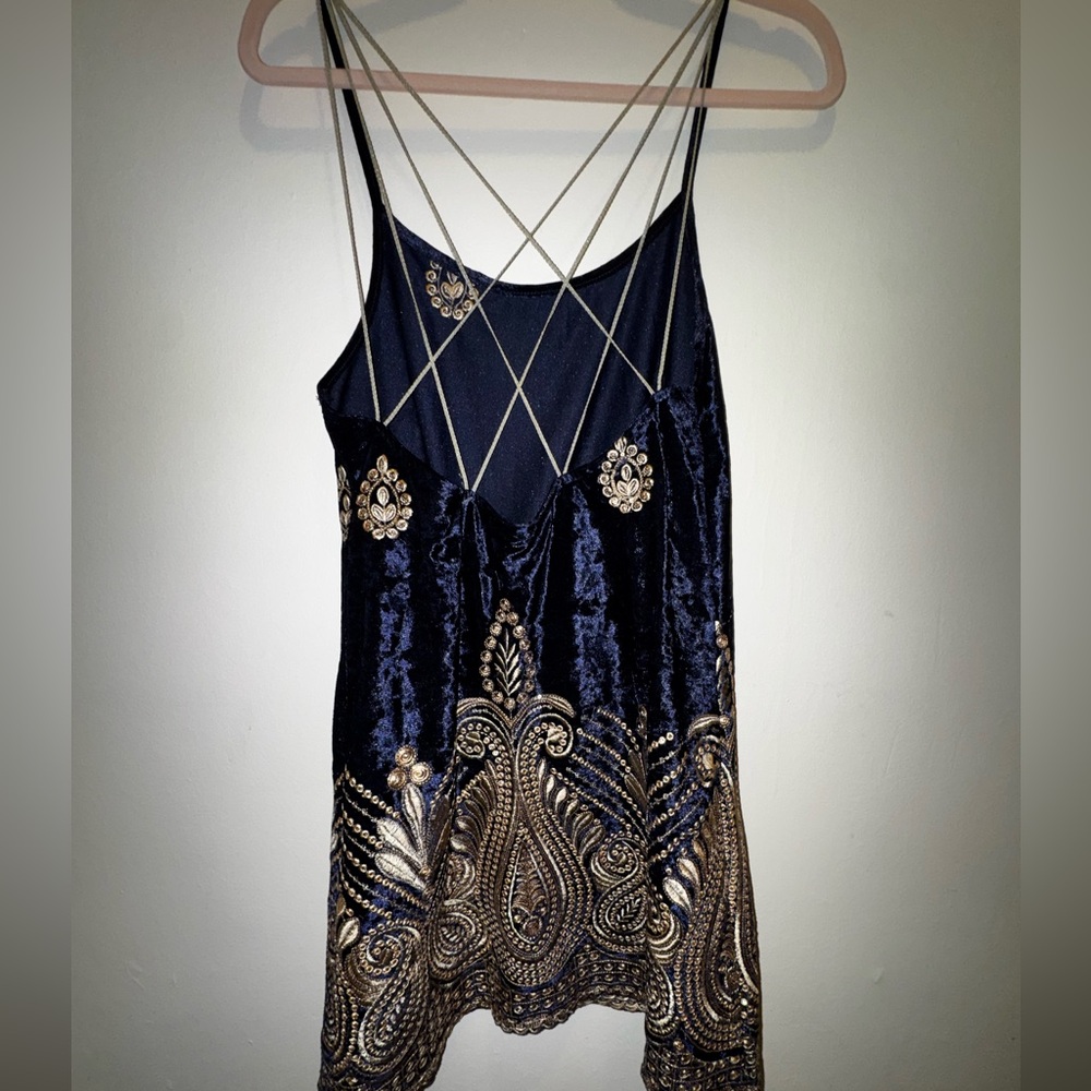NWOT - Free People Velvet Dress with Gold Embroidery